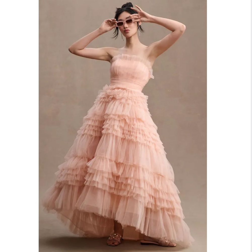 Mac Duggal x Anthropologie Strapless Tulle Ruffle Gown